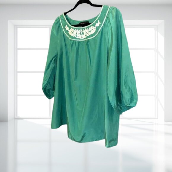 Lane Bryant Green Embroidered Peasant Blouse Button Balloon Sleeve 14/16 - Picture 4 of 7